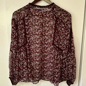 Zara| Gothic Black White and Red Floral Sheer Blouse Peasant Sleeves Sz S